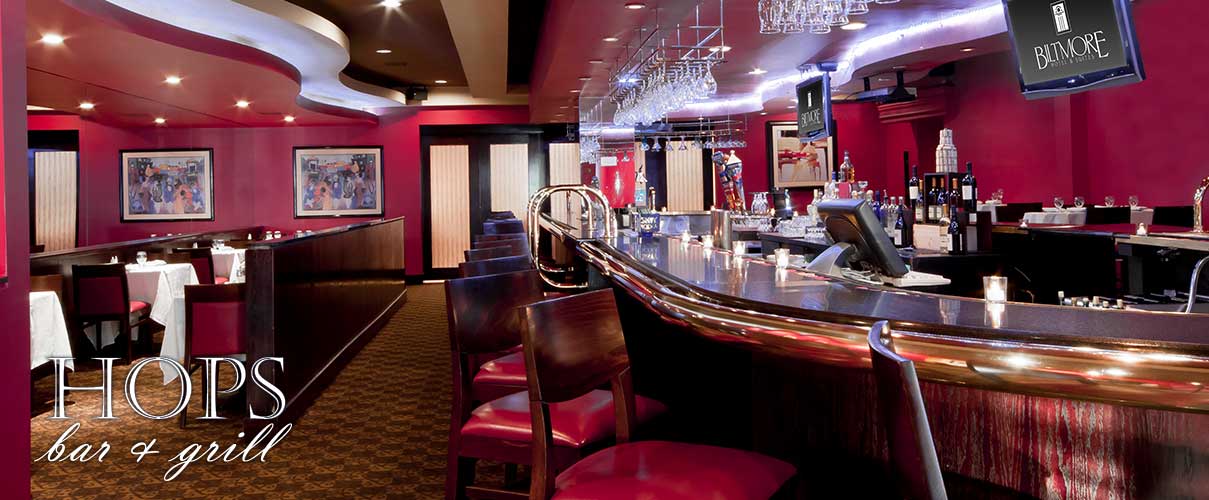 Hops Bar and Grill has a striking interior design and comfortable seating at the Santa Clara Biltmore Hotel & Suites